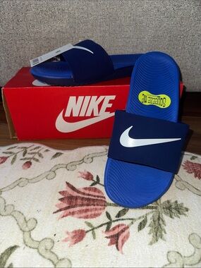 Nike Boys' Royal Blue Slide Sandals with White Swoosh